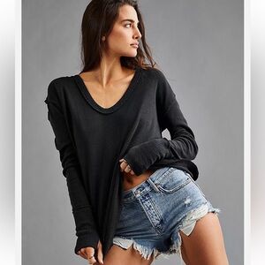 Free People Colby Black Cotton Long Sleeve Tee Oversized, Size XS